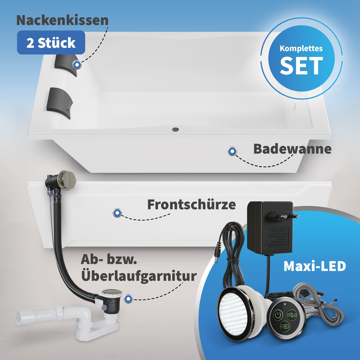 Aquade Acryl Badewanne 180x120 Modell: Hamburg - Weiß Badewanne Komplettset 180x120 - Badewannen Mit Wannenfüßen + Schürze + Nackenkissen + Led
