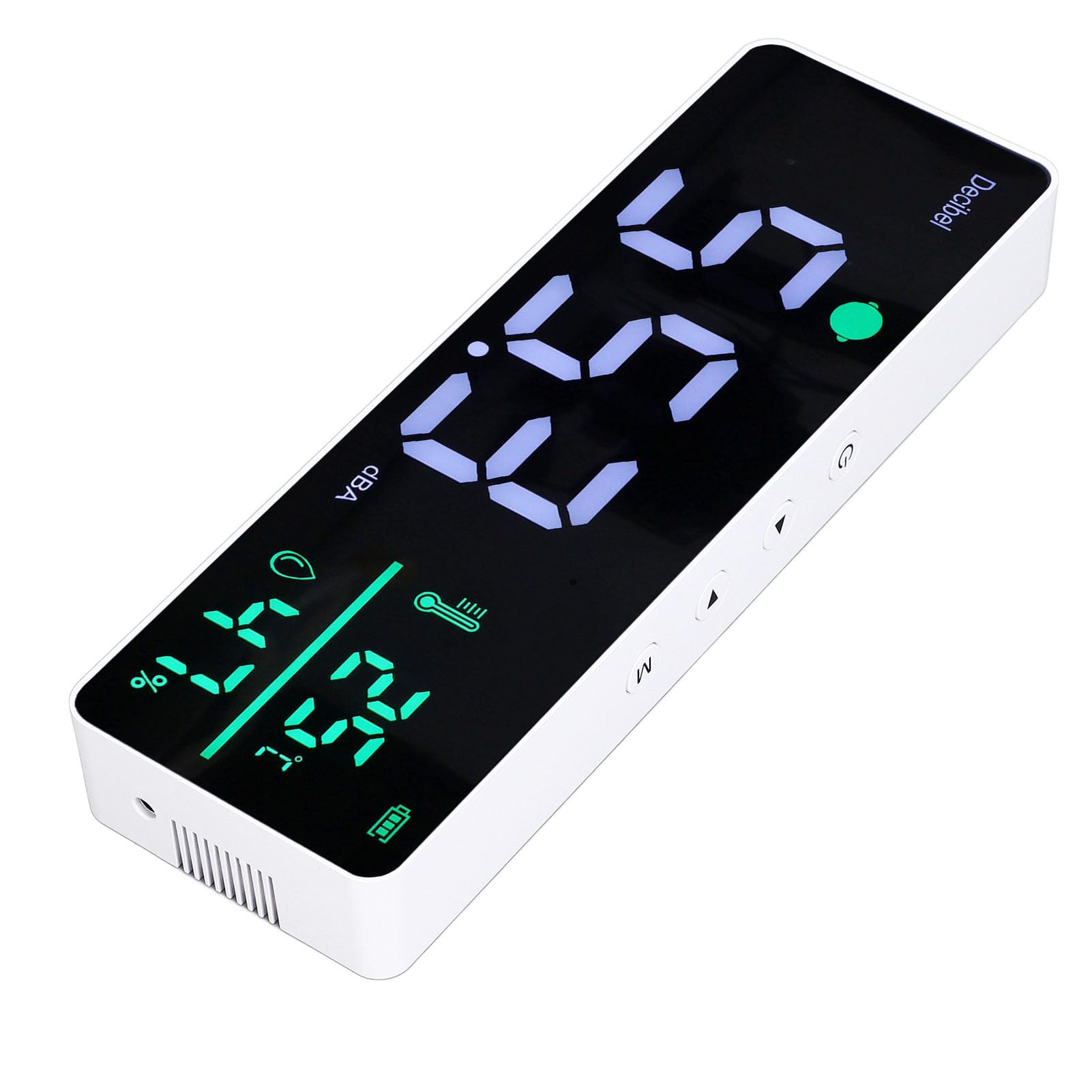 DM1306D Miernik Decybeli 3 w 1, Miernik Poziomu Dźwięku 30-130 DBA, Montowany na ścianie Monitor Poziomu Hałasu LED z Higrometrem i Termometrem, Bateria w Zestawie