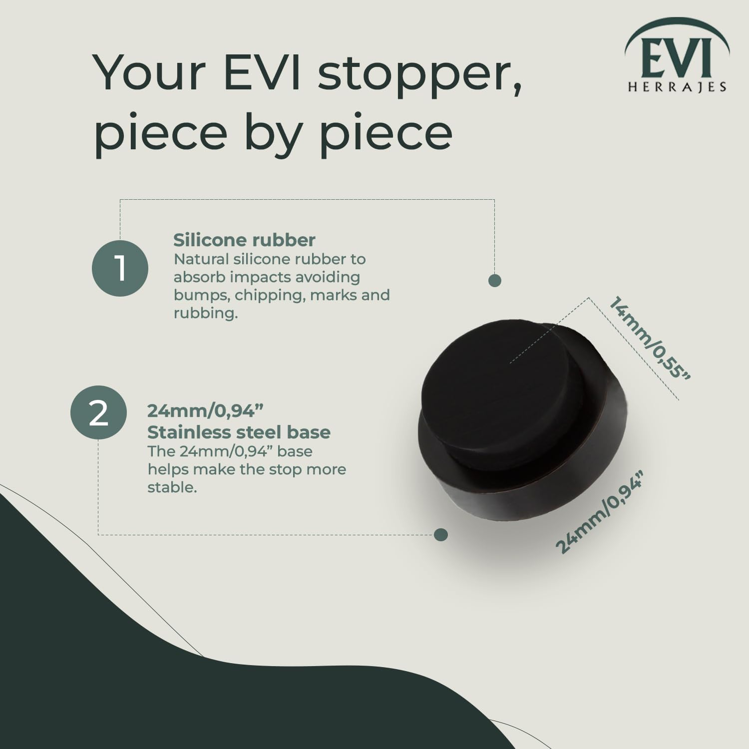 EVI Herrajes | Wall Mounted Black Door Stop | Stainless Steel Body | 0.94x0.54 Inch | Adhesive | Small and Discreet | Mod. 205