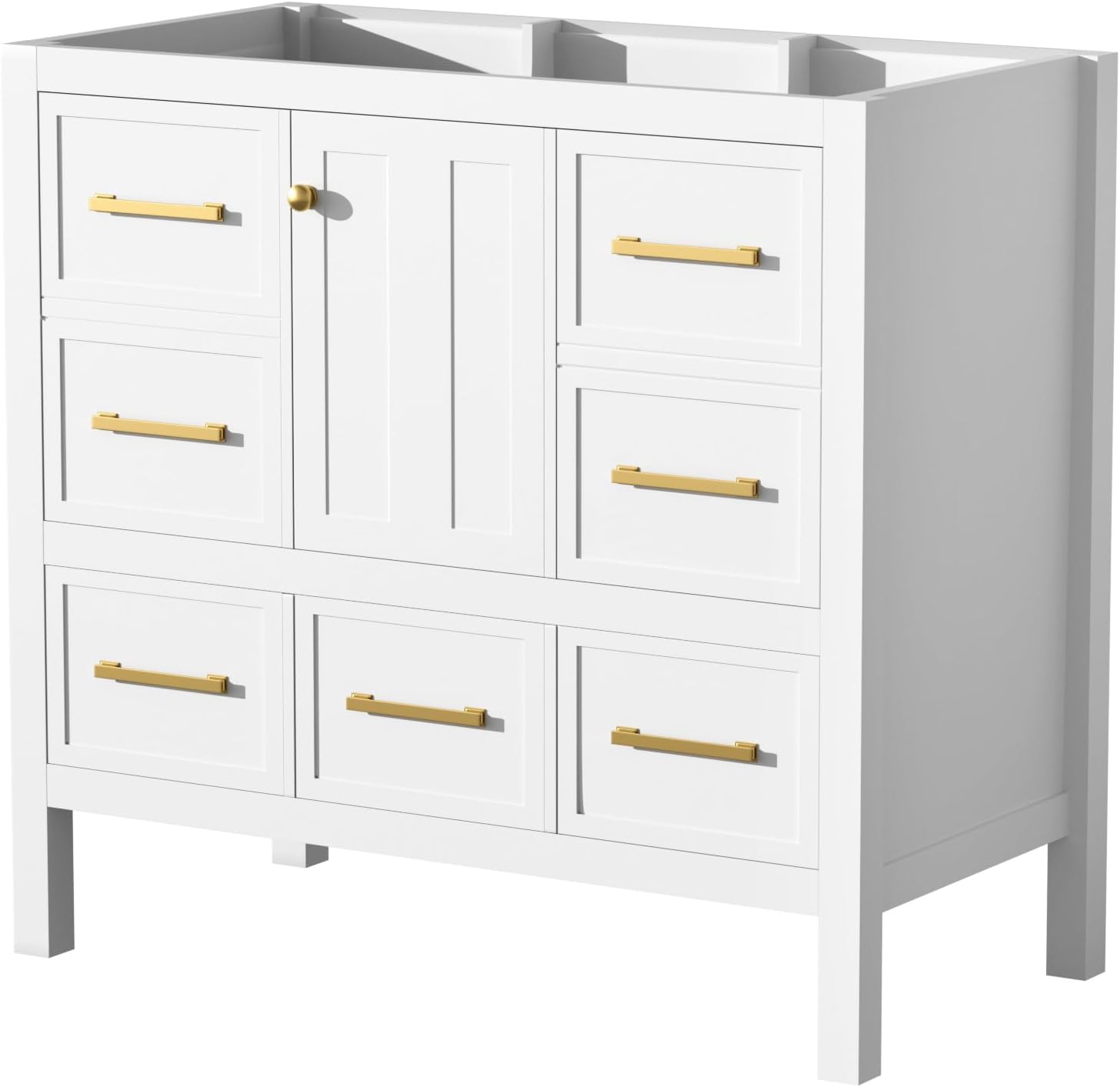 Merax 36 Inch White Bathroom Vanity Without Sink Top,Freestanding Bathroom Vanity Base Cabinet Only,with 5 Drawers,Soft Closing Door & Gold Handles,Solid Wood Frame(Basin Not Included),1 Package