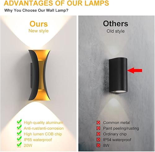 Miniatura 5 de Shinbeam Luces de pared para exteriores, luces LED de porche arriba y abajo, impermeable, 20 W, 3000 K, lámpara de pared para exteriores adecuada