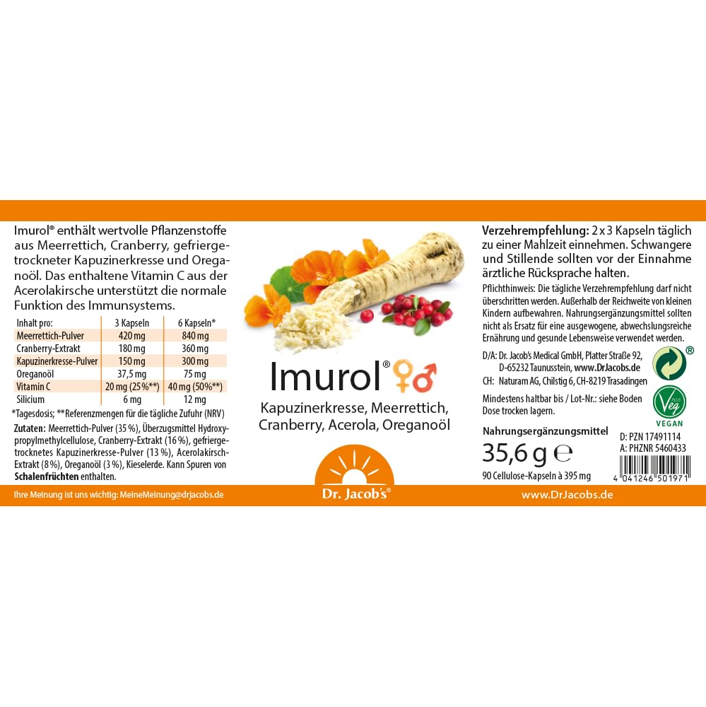 Dr. Jacob's Imurol | Kapuzinerkresse, Meerrettich und Oreganoöl Kapseln | Für Ihr Immunsystem¹ | Bioaktive Senföl-Glucosinolate | Mit Cranberry & Acerola | Gut für Frauen und Männer | 90 Kapseln