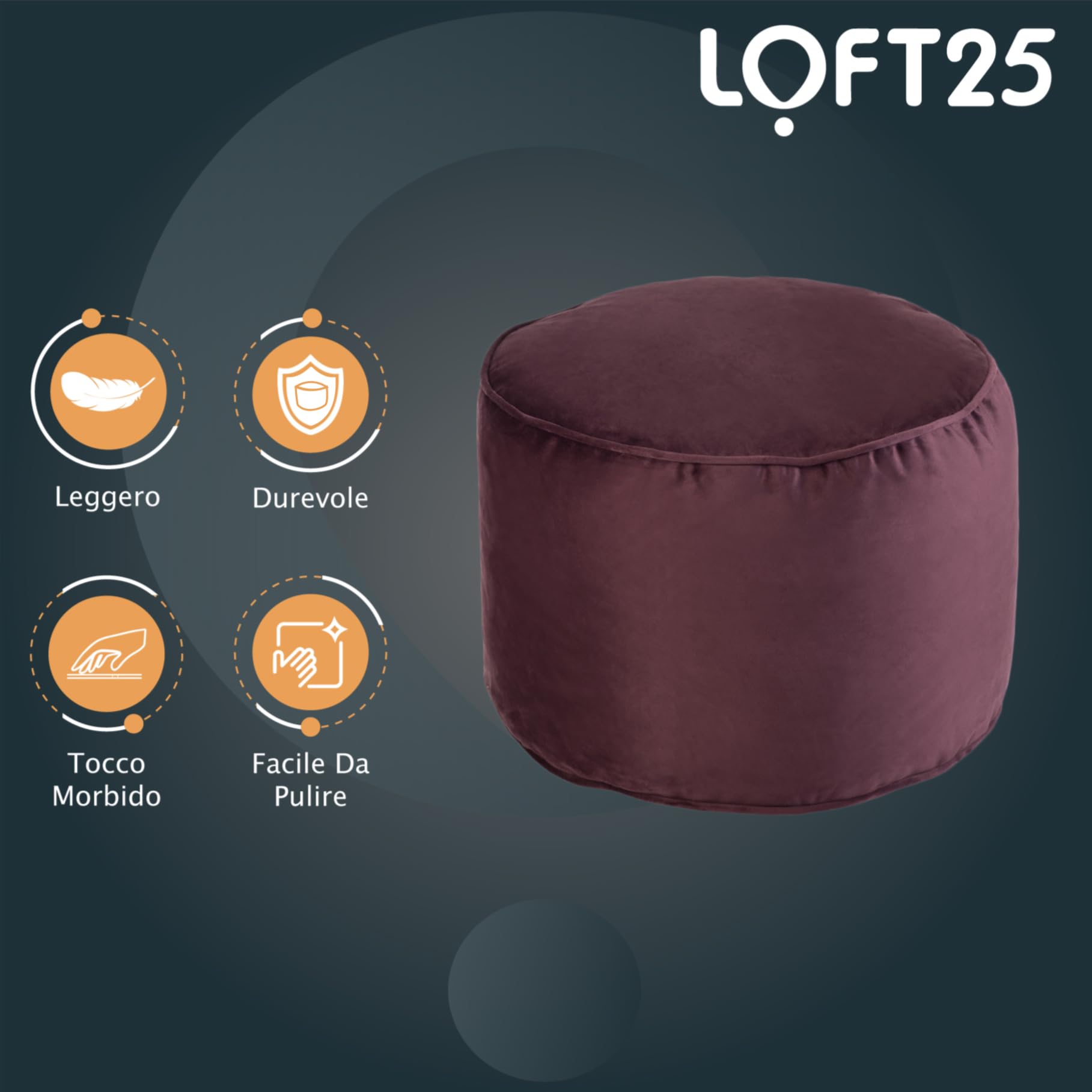 Loft 25 Pouf Velluto Rotondo Premium Poggiapiedi a Sacco 32x45cm, Soggiorno per Interni Pouffe con Riempimento, Design Ergonomico Pouff per il Poggiagambe, Confortevole Pouf Poggiapiedi (Melanzana)