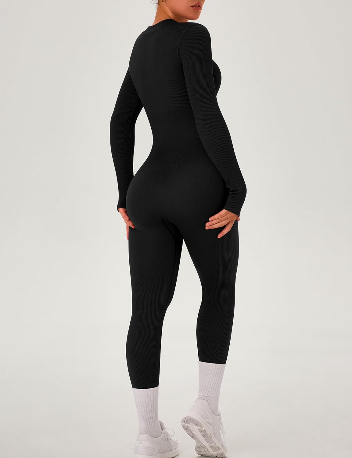OLCHEE Womens Long Sleeve Workout Jumpsuit Seamless Ribbed Tummy Control Yoga Bodycon Zip Up One Piece Unitard Sculpt Rompers - Image 4
