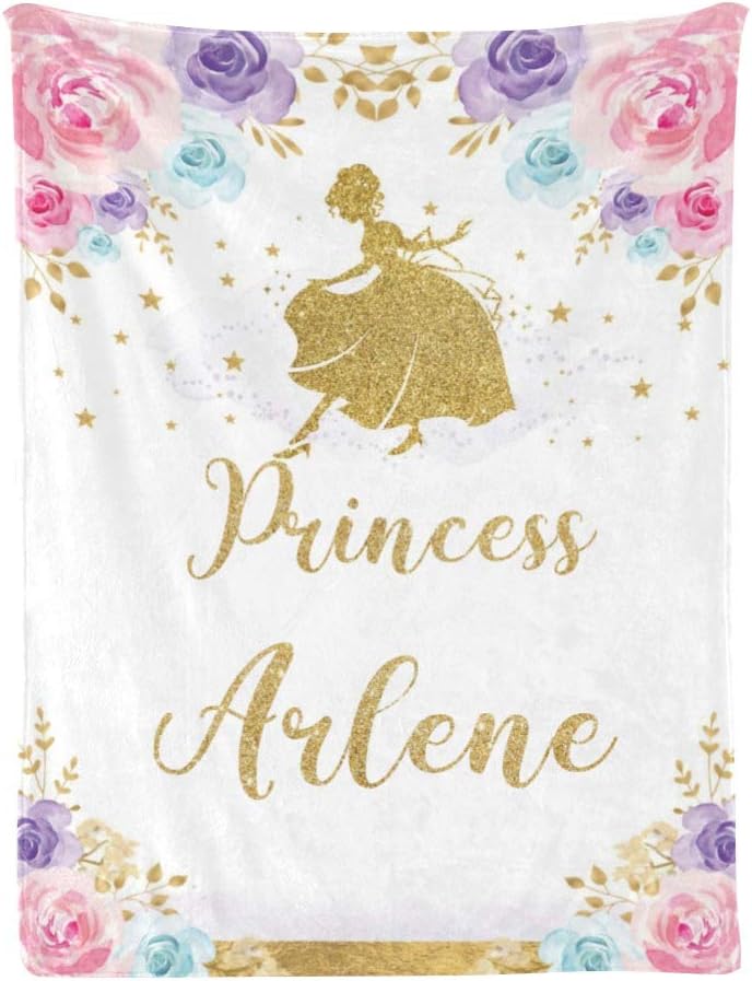 Princess Floral Pink Purple Personalized Receiving Baby Blankets for Girls with Name,Customized Swaddle Blankets Gift for Newborn Crib Infants 30x40 Inches