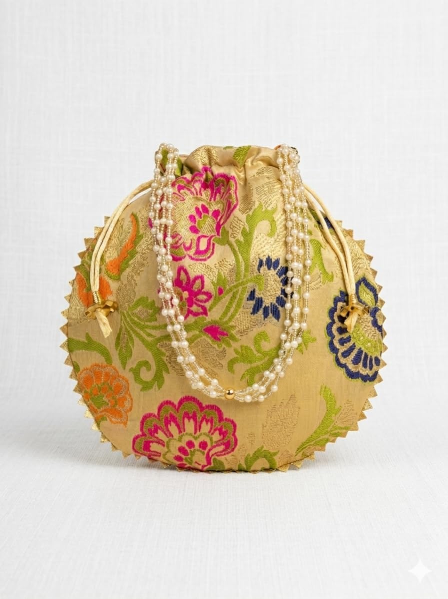 JDDCART Elegant Beige Banarasi Brocade Potli Bag with Moti Handle for Weddings & Functions-image-30