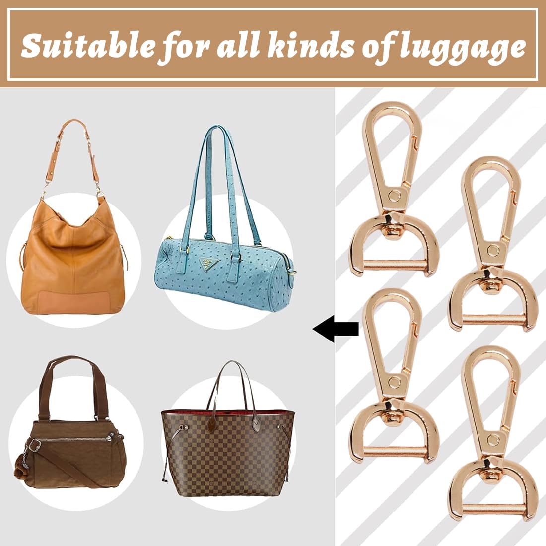 ZUWIJEQ Lot de 6 mousquetons pivotants en métal pour sacs – Crochets avec anneau rotatif à 360° D – Idéal pour bijoux, sacs à main, bandoulières, clés et accessoires DIY