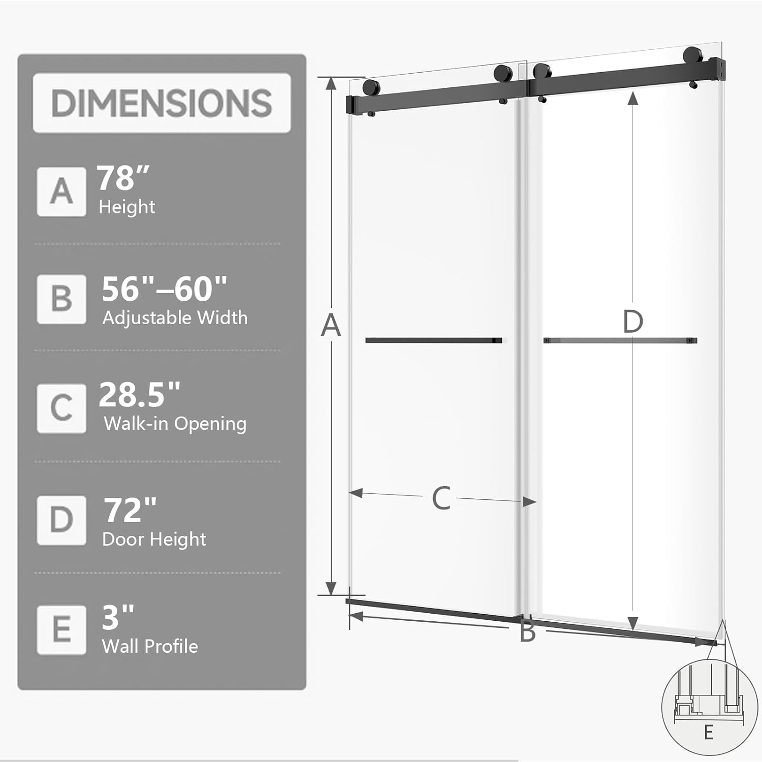 56–60" W × 78" H Frameless Sliding Glass Shower Door, 3/8" (10mm) Thick Tempered Glass, Stainless Steel Hardware, Double Sliding Shower Doors for Walk in Shower, Matte Black