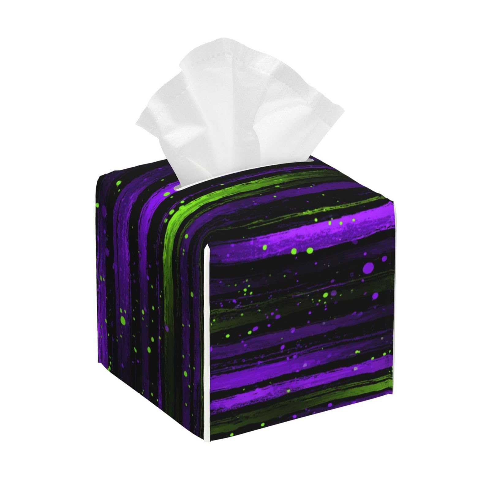 Purple and Neon Green Stripes Tissue Box Cover Square Pu Leather Waterproof Tissue Box Holder for Car Bathroom Bedroom Office Tabletop Decor