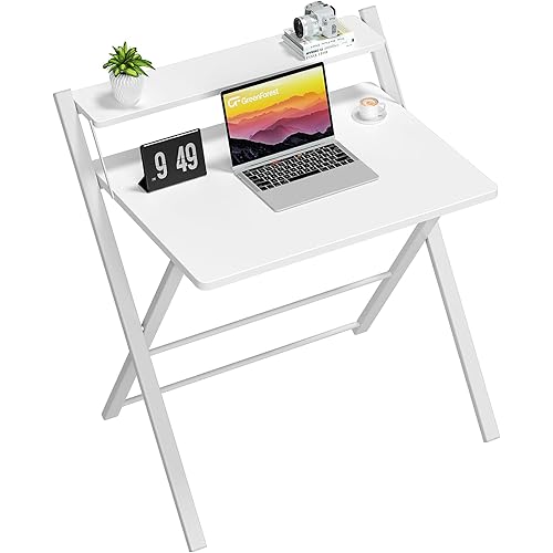 GreenForest Folding Desk No Assembly Required Large Size, 2-Tier Foldable Computer Desk with Shelf for Home Office, Space Saving Portable Laptop Study Foldable Table for Bedroom, White