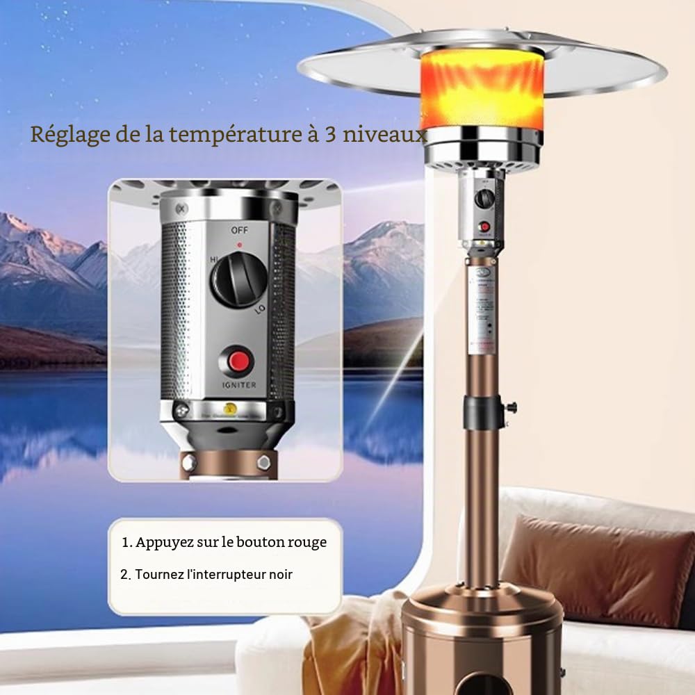 Chauffage à gaz extérieur avec,Double Couche en Acier Inoxydable,à roulettes,Dispositif Anti-basculement,Triple système de sécurité,pour Grandes terrasses, Jardins