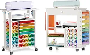 Craft Organizers and Storage Compatible with Cricut Machines, Rolling Storage Cart with Vinyl Roll Holders Crafting Table for Adults