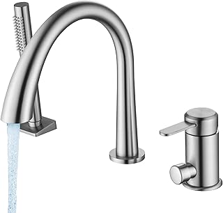 Roman Tub Faucet with Hand Shower 3 Hole Deck Mount Tub Filler Bathtub Faucet with Sprayer High Flow Bathtub Faucet Set, Brush Nickel