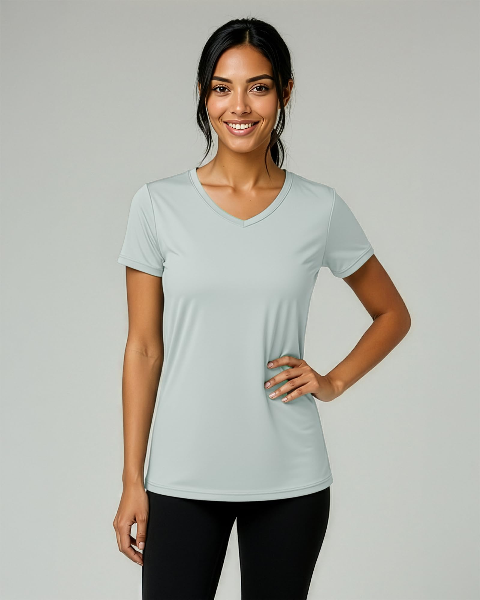 Real Essentials Paquete de 5: Camiseta de Entrenamiento de Manga Corta con Cuello en V para Mujer, para Fitness, Gimnasio, Atletismo, Yoga (Plus Disponible)