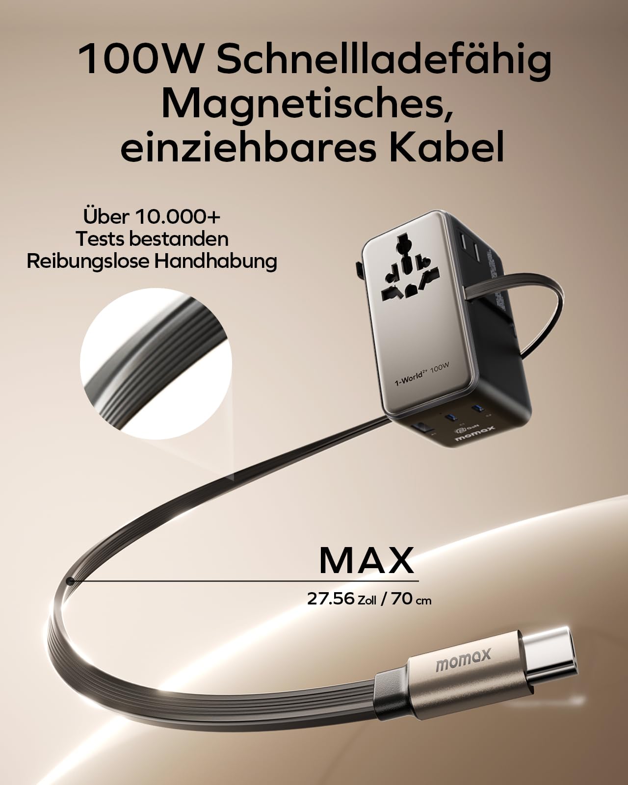 MOMAX 100W Reiseadapter Weltweit mit Ausziehbarem Kabel, Travel Adapter Worldwide mit 2 AC, 3 USB C und 1 USB A, Universal Adapter für Laptops und Handys - Titanium