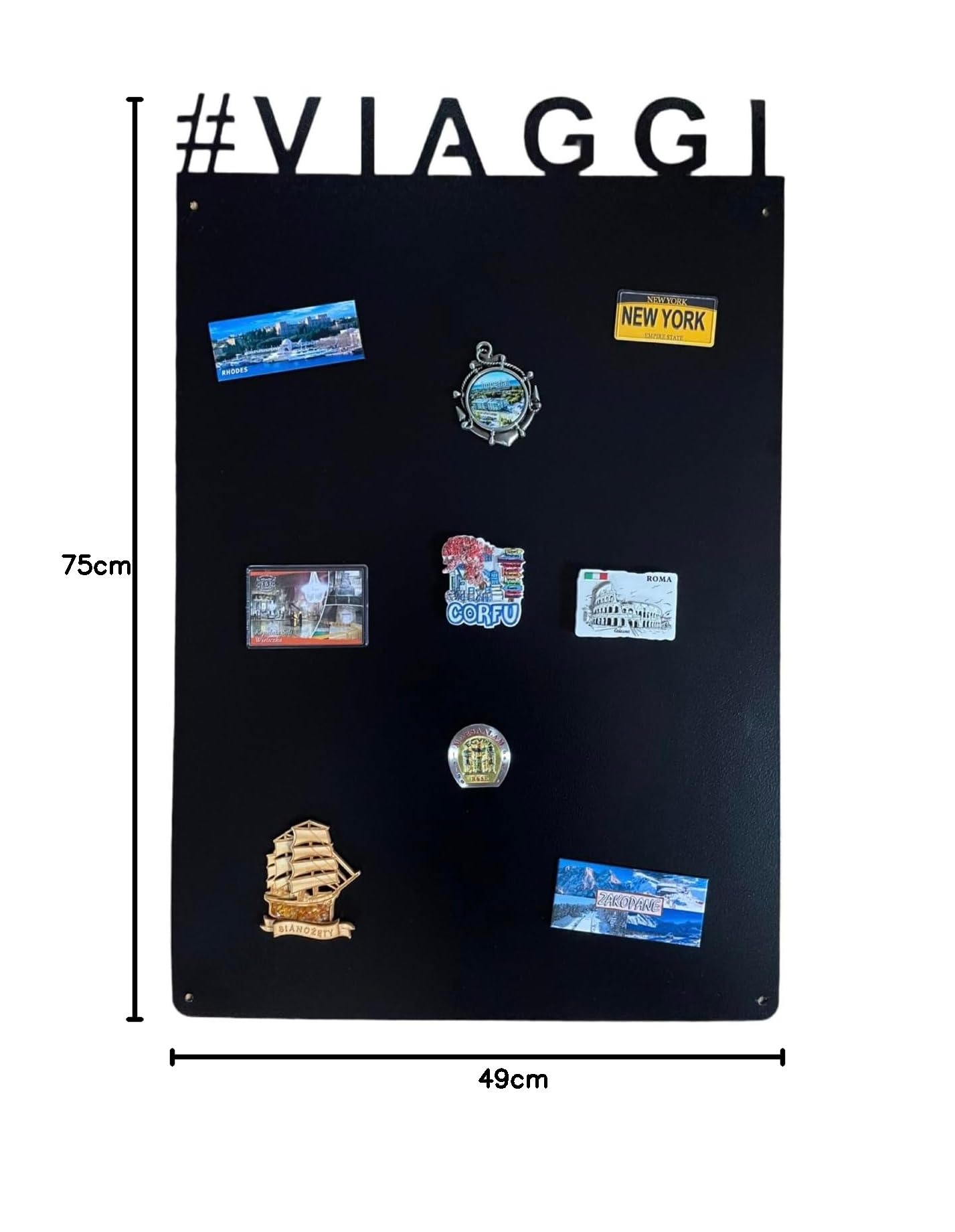 Lavagna Magnetica da Parete in Acciaio Nera VIAGGI 75x49 cm, Black Memo-Board, Pannello Magnetico per Calamite, Lavagna da Cucina, Ufficio, Camera dei Bambini