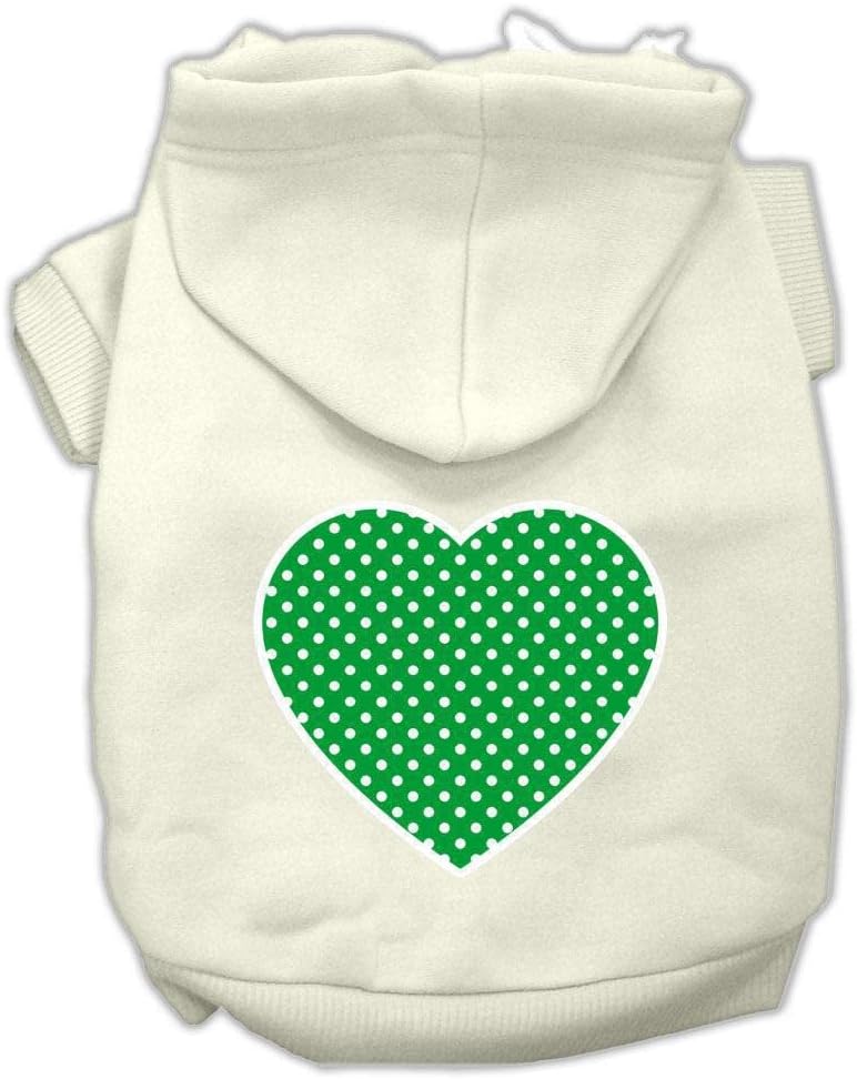 Mirage Pet Products 10" Green Swiss Dot Heart Screen Print Pet Hoodie, Small, Cream