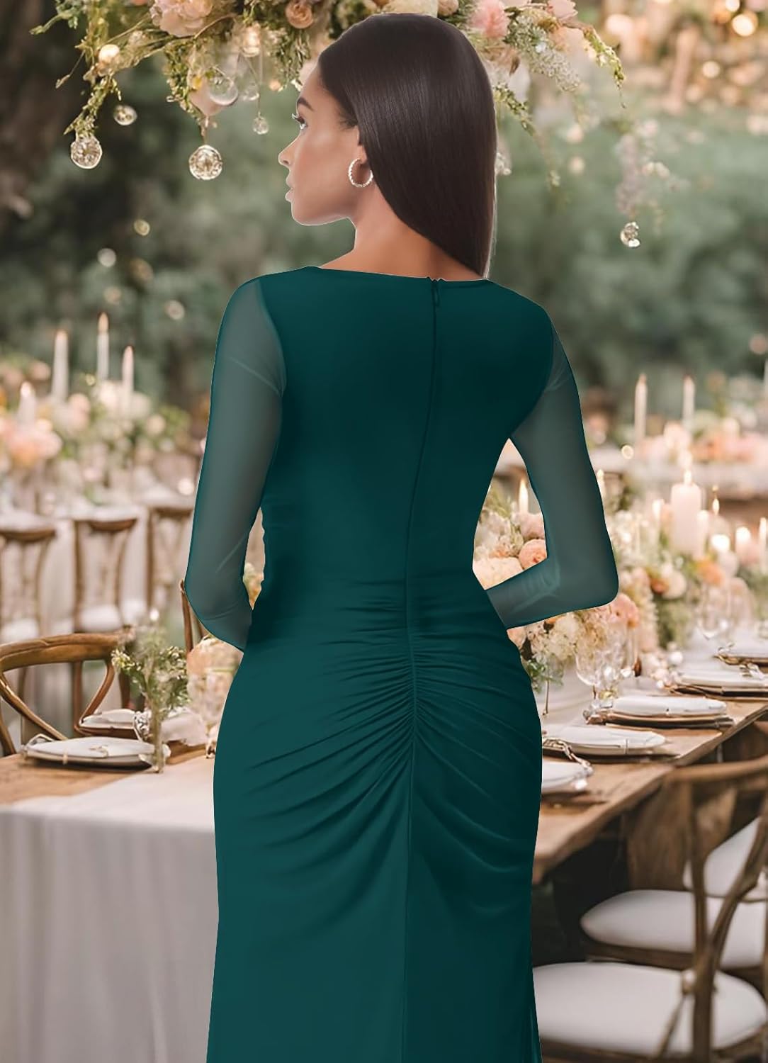 Women Mesh Long Sleeve Square Neck Ruched Sheath Formal Evening Maxi Dress Cocktail Party Wedding Guest Dresses - Image 6