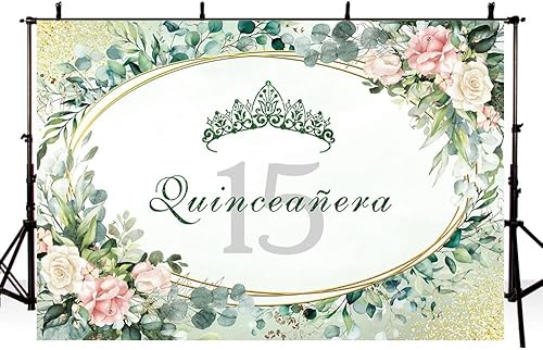 Fondo de quinceañera de 7 x 5 pies para niñas, hojas de eucalipto verdes, flores rosas, corona, fondo de fotografía, decoración de fiesta de