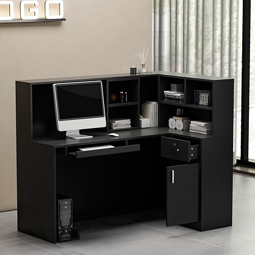 Miniatura 2 de Escritorio de recepción en forma de L mostrador con estantes cajones negro moderno contemporáneo escandinavo en forma de L MDF mate teclado bandeja