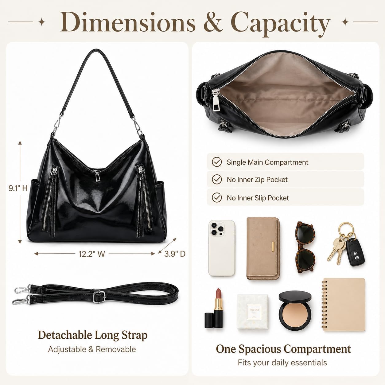 Hobo Handbag for Women Retro Glossy Vegan Leather Shoulder Bag Elegant Purse with Zippers for Work Travel Daily Use