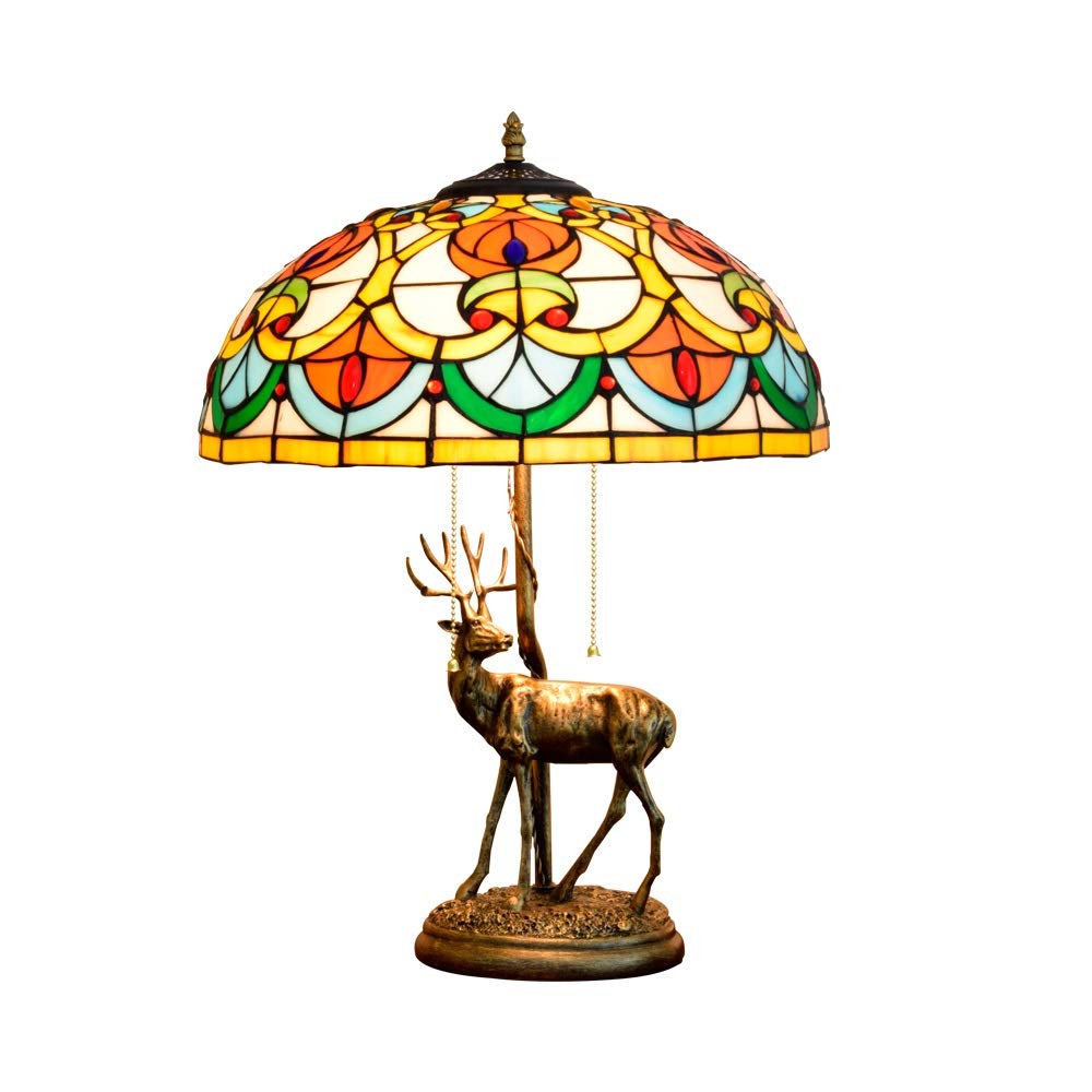 Aioneer 16 Inch Tiffany Stained Glass Table Lamp Elk Bar Creative Heart Living Room Dining Room Bedroom Bedside Deer Deerlet Fawn Desk Lamp