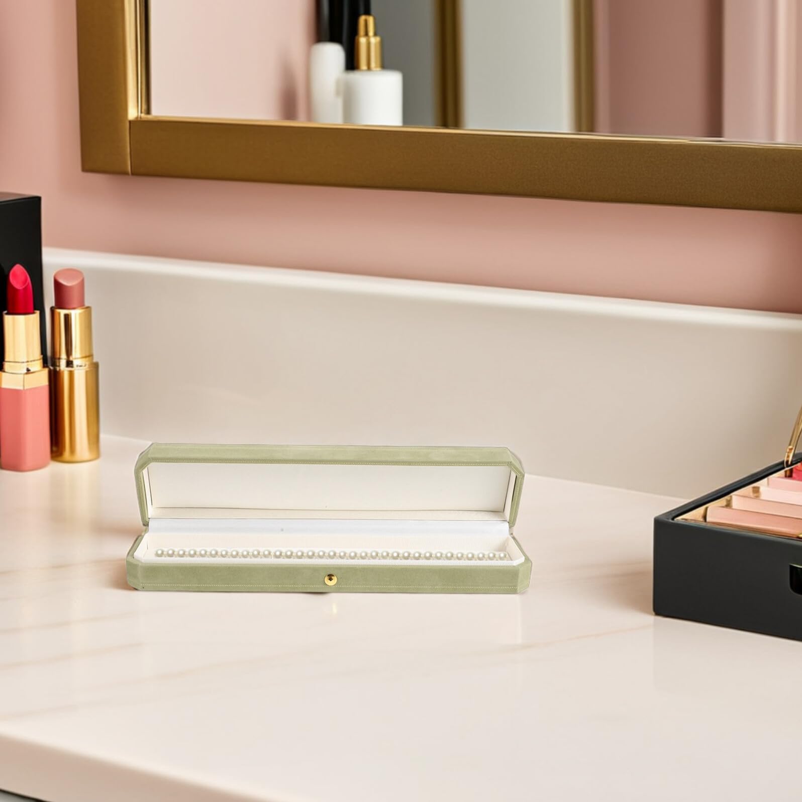 IMIKEYA Scatola Collana in Velluto Ottagonale Allungata Verde Chiaro | Organizer Gioielli 9, 25x2, 2 Pollici, Struttura Compatta e Portatile, Adatta a Vanity e Camera da Letto