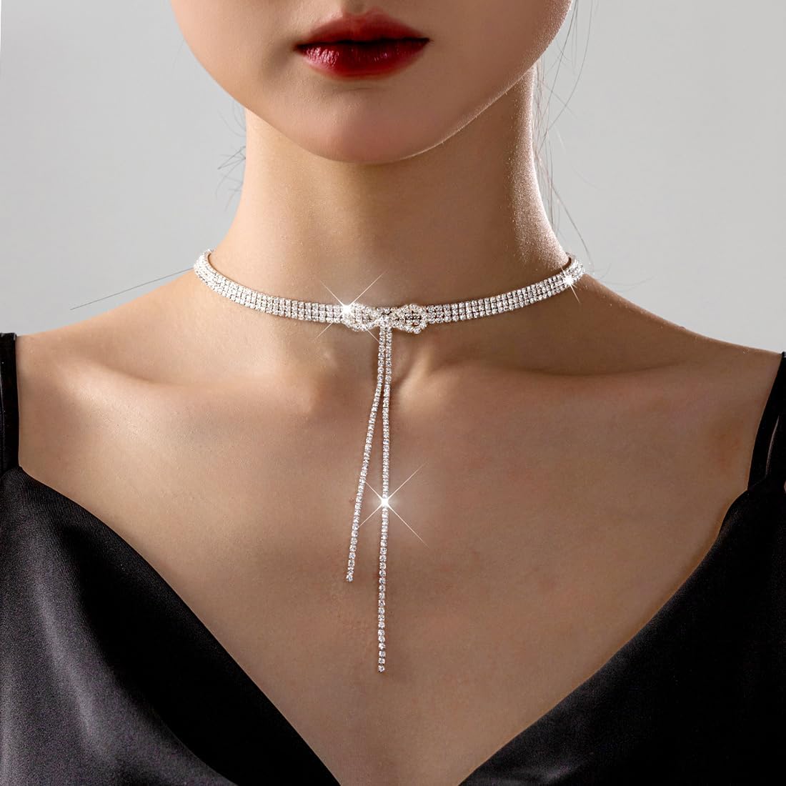 Rhinestone Bowknot Choker Necklace for Women Crystal Long Tassel Clavicle Chain Necklace Cubic Zirconia Bow Knot Jewelry for Women Gifts - Image 6