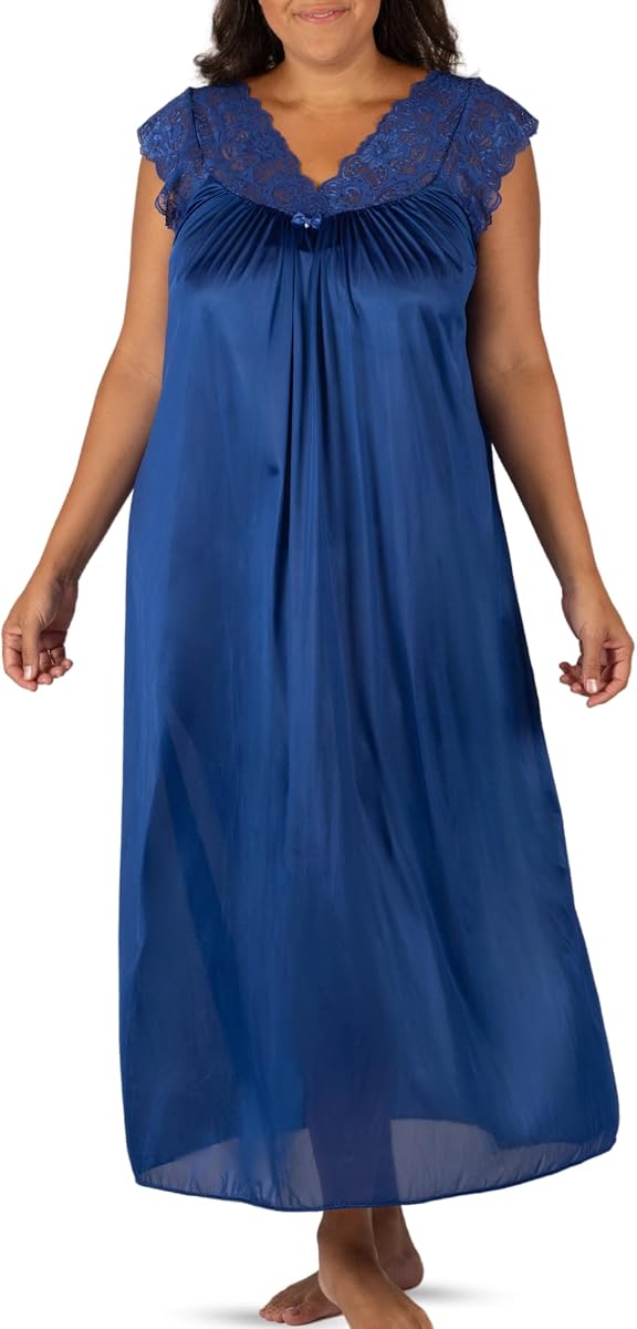 Shadowline Women’s Nightgown Silhouette Long Silky Nylon Sleep Dress Lace Cap Sleeves