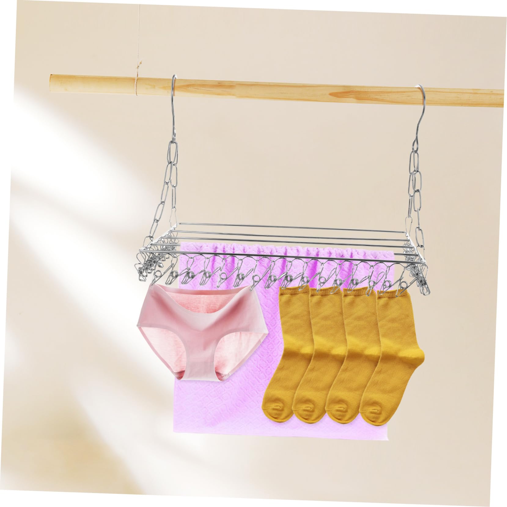 WOONEKY Stendibiancheria per Calzini e Cappelli con Clip in Acciaio Inox, Pieghevole e Resistente al Vento, Appendino Sospeso Salvaspazio per Asciugare Vestiti e Accessori in Casa