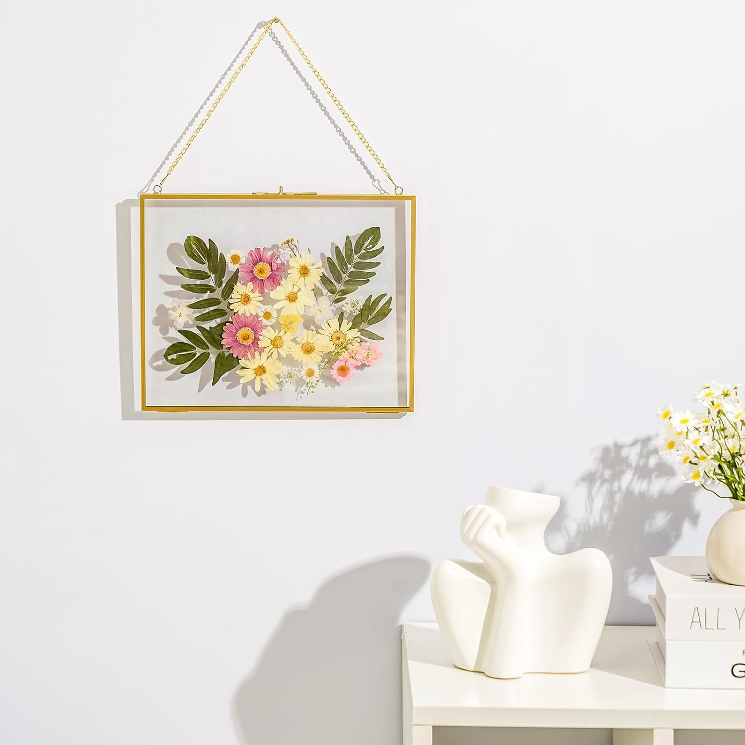 8x10 Pressed Flowers Gold Frame, Hanging Floating Double Glass With Chain for Dried Flower, 8 by 10 Brass Picture Horizontal, Large Clear Photo for Wall Mount, Rectangle