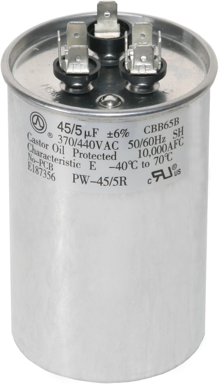 45+5 MFD 45/5 uf 370 or 440 Volt Dual Run Round Capacitor PW-45/5/R for Condenser Straight Cool or Heat Pump Air Conditioner - Guaranteed to Last 5 Years