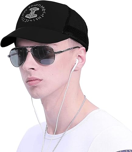 Vista 4 de Vikings Mjolnir and Rune Wheel Norse Mythology Symbol Trucker Hat - Mesh Baseball Snapback Cap for Men Or Women Outdoors