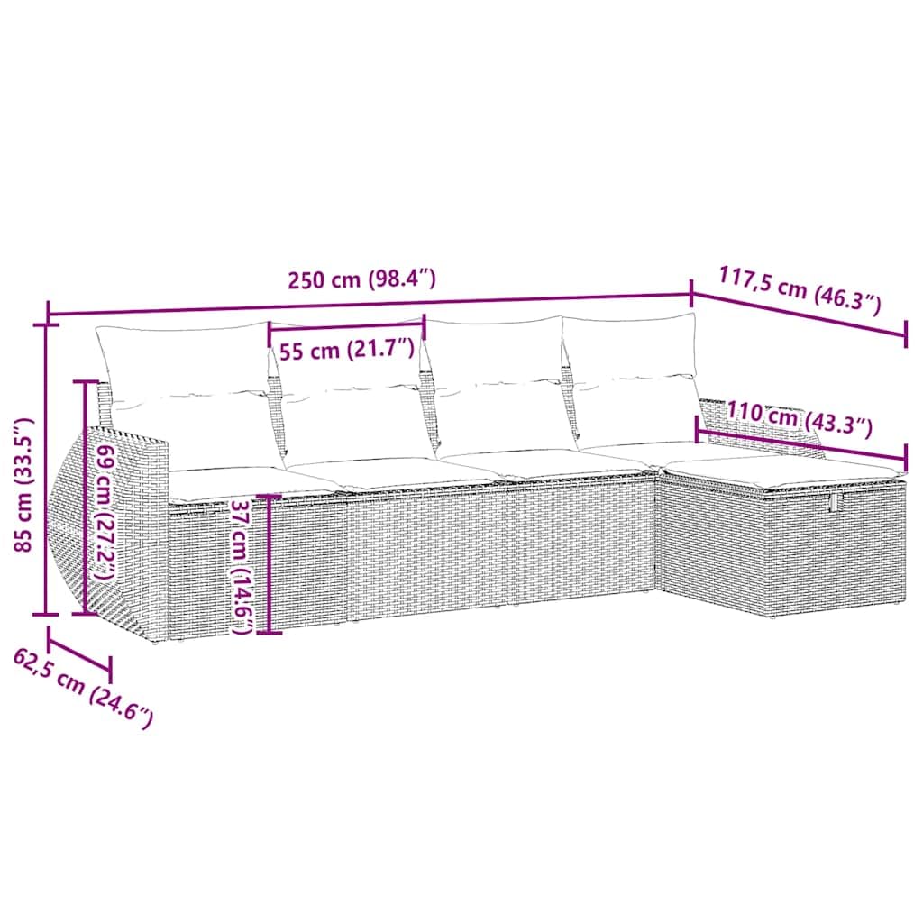 Juego de muebles de jardín de 5 piezas, color gris claro, polirratán resistente a los rayos UV, con cojines, para terraza y balcón, juego robusto de muebles de exterior
