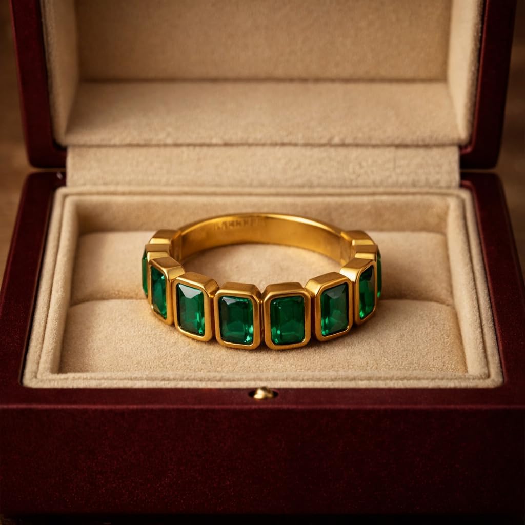14K Yellow Gold Emerald Cut Green Gemstone Half Eternity Ring Bezel Set Stackable Wedding Band Vintage Inspired Anniversary handmade Promise Jewelry Gift for Women