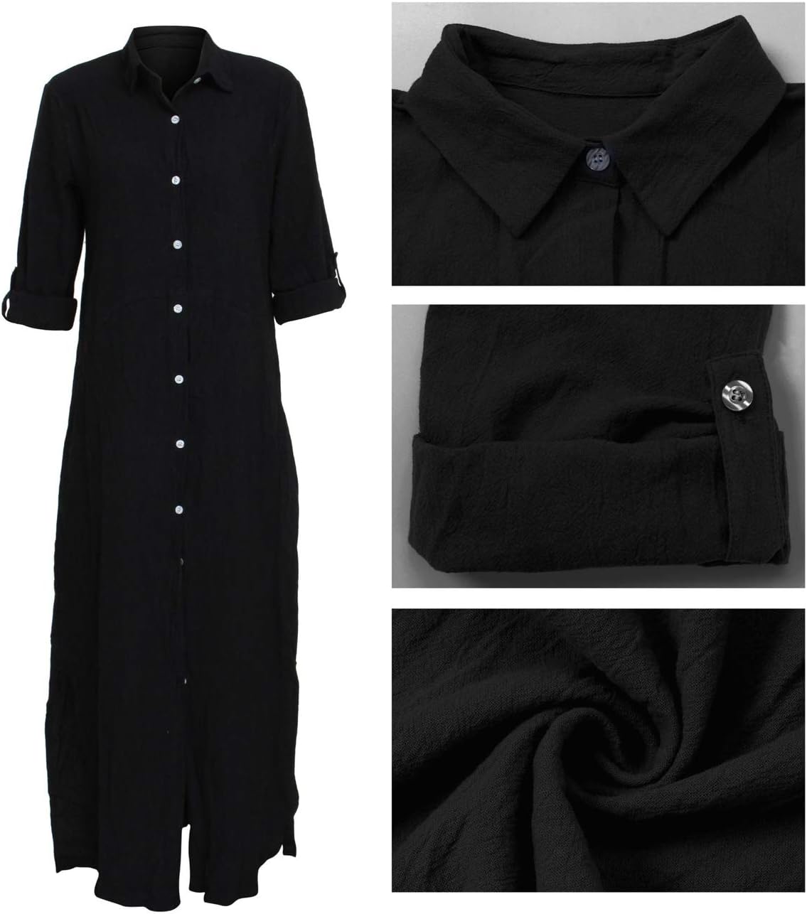 nqgsntc Women V Neck Rolled Up Sleeve Lining Dress Button Down Side Slit Shirt Maxi Dresses - Image 5