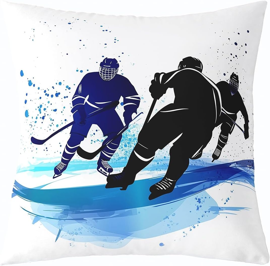 Erosebridal Ice Hockey Cushion Case 24x24 Inch Size, Winter Sports Competition Throw Pillow Cover, White Blue Tie Dye Cushion Cover, Ink Painting Style Decorative Pillow Cover