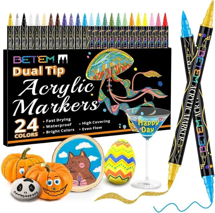 Product image of Betem Acrylic Paint Markers, Dual Tip 24 Colors Acrylic Paint Pens with Brush Tip and Fine Point, Art Supplies for Rock, Wood, Canvas, Stone, Glass, Ceramic, Rock Painting DIY Crafts Making Drawing