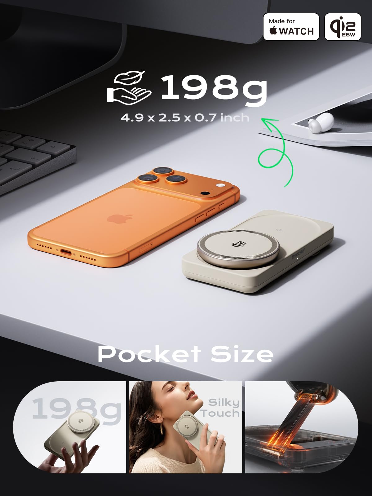 THREEKEY Cargador Qi2 3 en 1 para MagSafe, estación de carga inalámbrica de 25 W con módulo de Apple Watch certificado MFi para iPhone 17/16/15/14/13/12, AirPods, Pixel 10 Pro XL, adaptador de 45 W