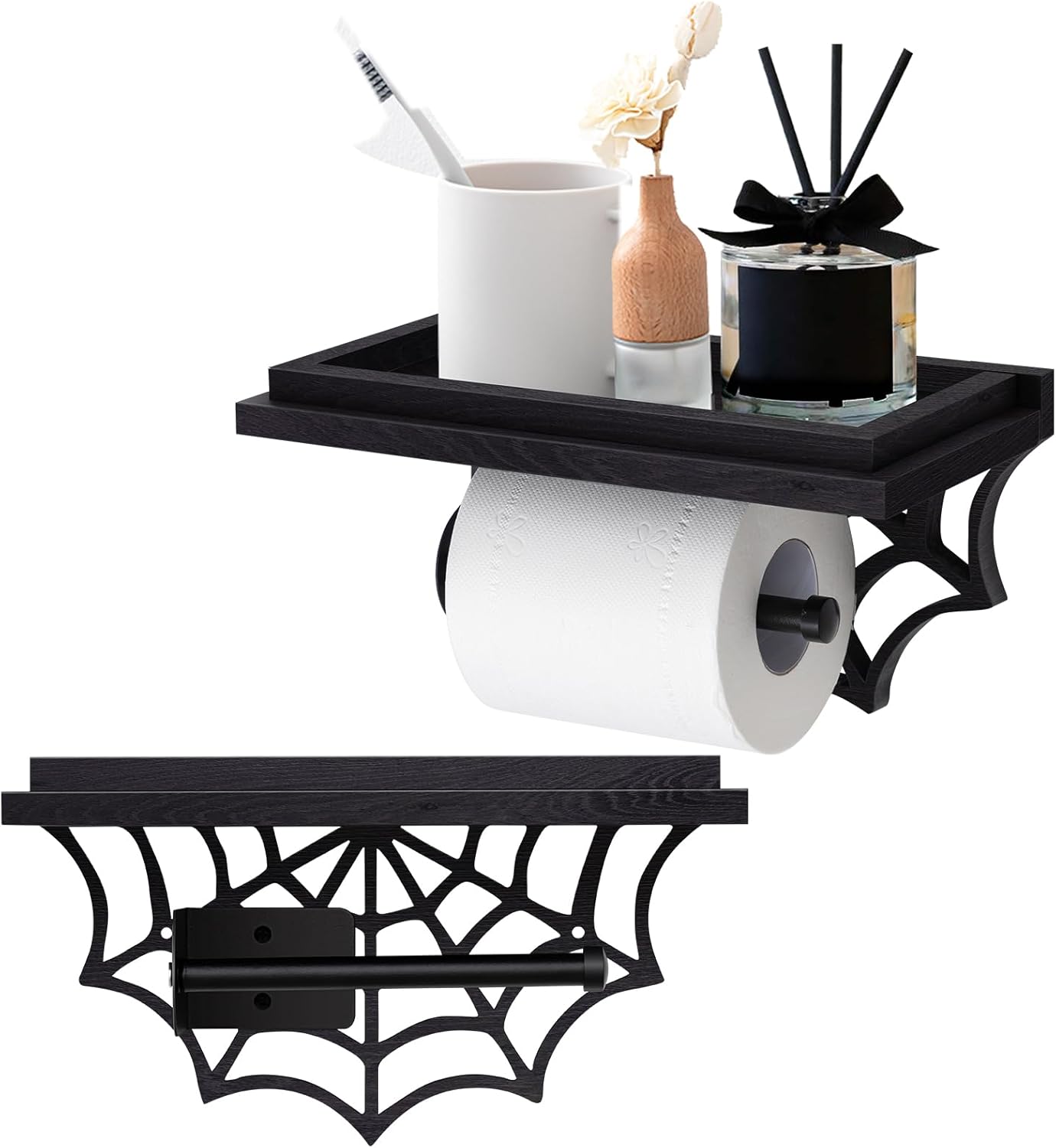 Chunful Cobweb Toilet Paper Holder with Shelf Gothic Creepy Wooden Black Paper Roll Holder Wall Mount Gothic Christmas Halloween Decor for Bathroom