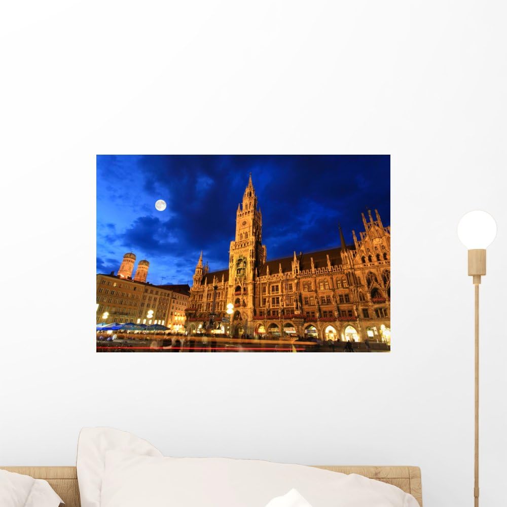 Wallmonkeys Night Scene Town Hall Wall Mural Peel and Stick Graphic (18 in W x 12 in H) WM200034