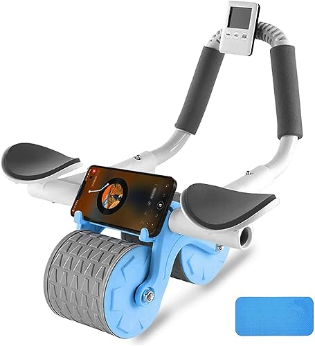 Rueda de rodillo abdominal con alfombrilla de rodilla y temporizador, rodillo de ejercicio abdominal de rebote automático con soporte de codo para