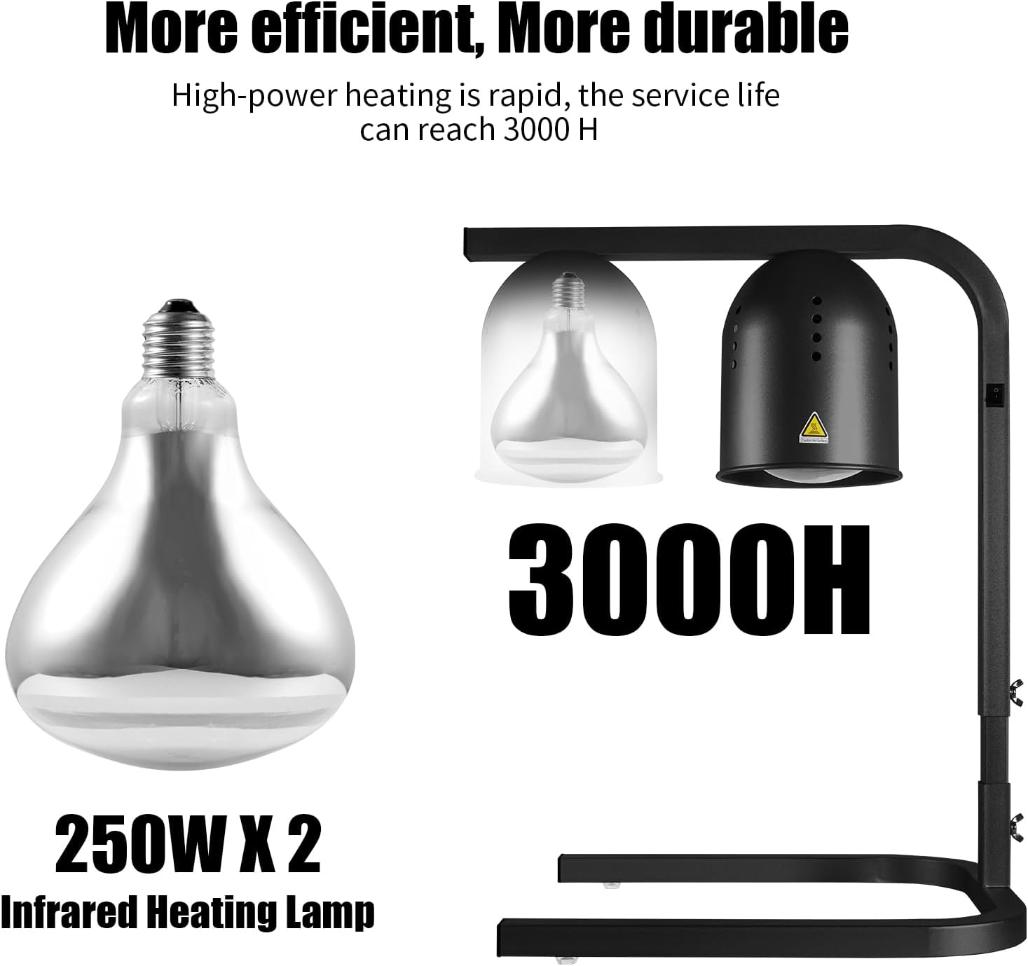 heat lamp for food, with two 250w bulbs for fast and even heating, food heat lamp with adjustable height stand, commercial food warmer lamp for home, fast food restaurant, buffet, bakery black