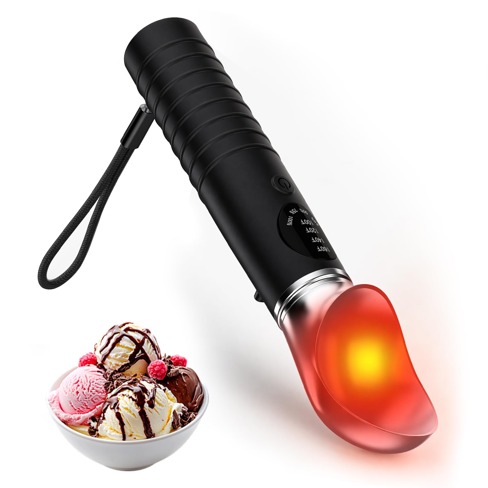 Cuillère à glace chauffante en acier inoxydable, 3 vitesses de température (49 °C/60 °C/71 °C) pour glace dure et gélato, charge rapide USB-C avec écran LED, étanche (IP67), cuillère ergonomique pour