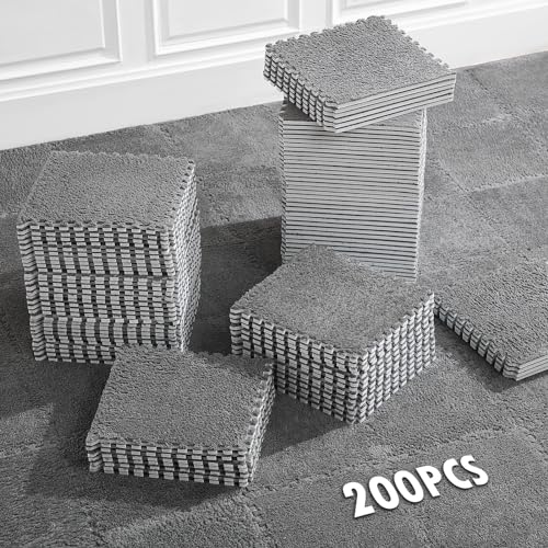 Image of Drydiet 200 Pcs 11.8 x 11.8 x 0.4 Interlocking Carpet Tiles Plush Puzzle Foam Floor Mat Carpet Squares Foam Carpet Tiles Soft EVA Foam Mats Area Rugs Exercise Fluffy Play Mat for Room (Gray)