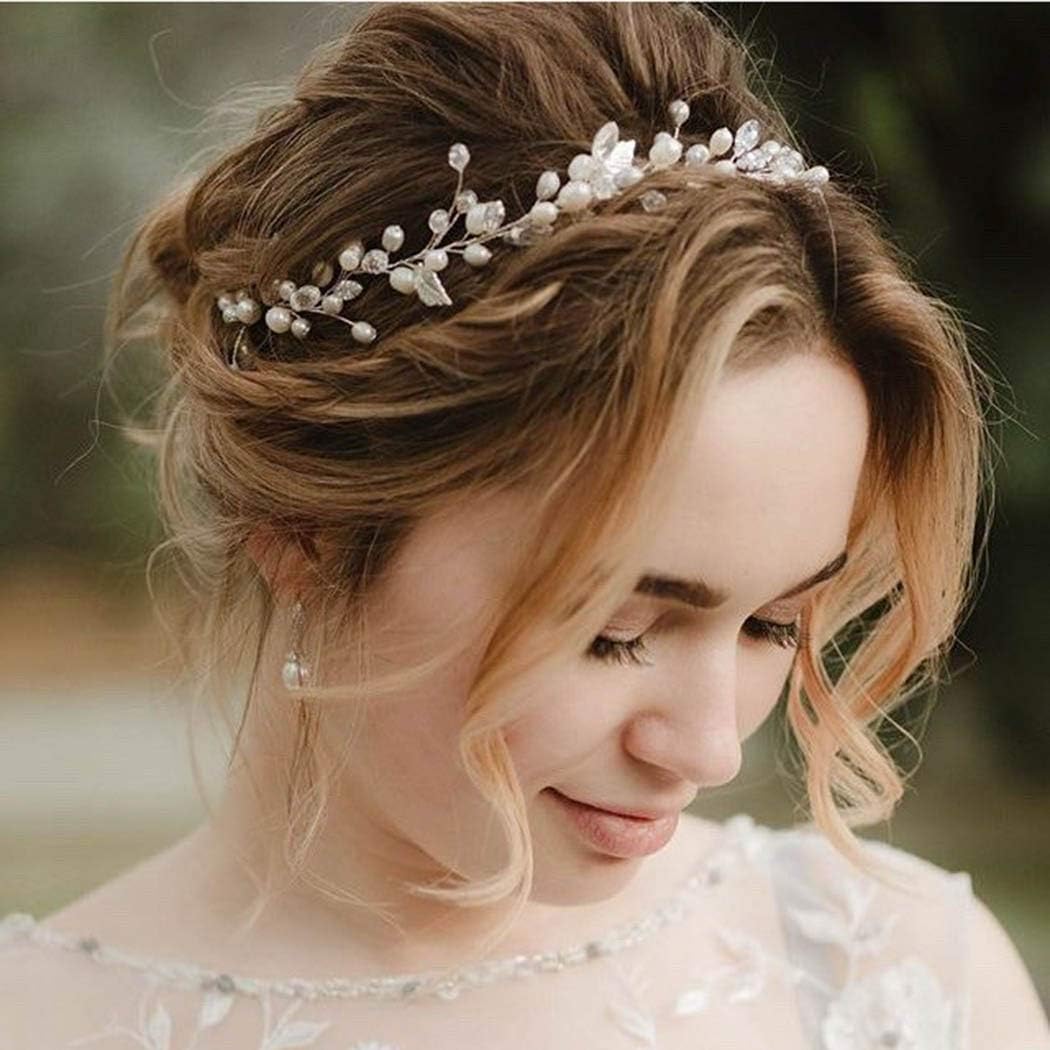 Pearl Bridal Headband Silver Rhinestone Hair Vine Headpiece Wedding Hair Accessories for Brides