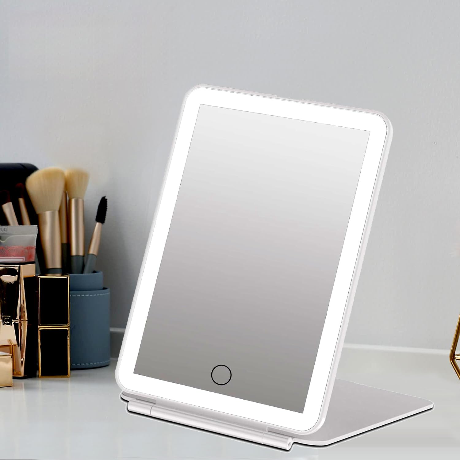PRIME PICK Acrylonitrile Butadiene Styrene (Abs) Rechargeable Travel Makeup Vanity Mirror With Led Lights,Lighted Mirror,3 Color Lighting,Dimmable Touch Screen (White),Rectangular,Dresser Mount)-image-33