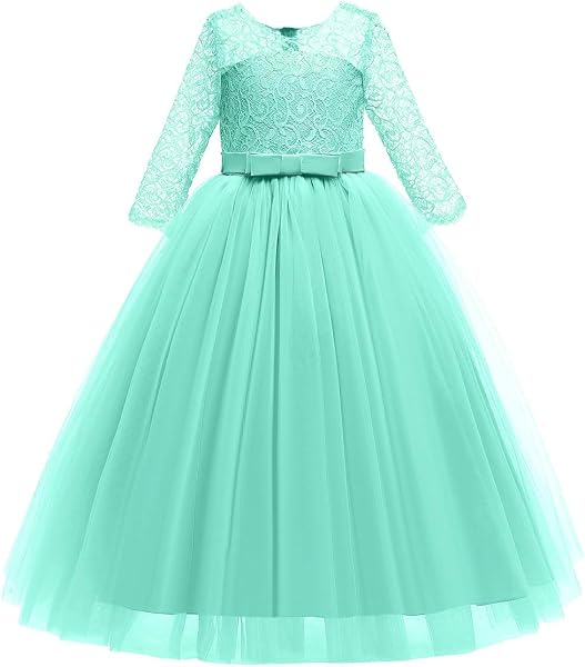 IWEMEK Enfants Fille Robe de Carnaval Princesse Longue en Dentelle avec Bowknot Demoiselle d'honneur Robe de Soirée Mariage Robe de Première Communion Anniversaire Fête Photographie 2-14 Ans - 5