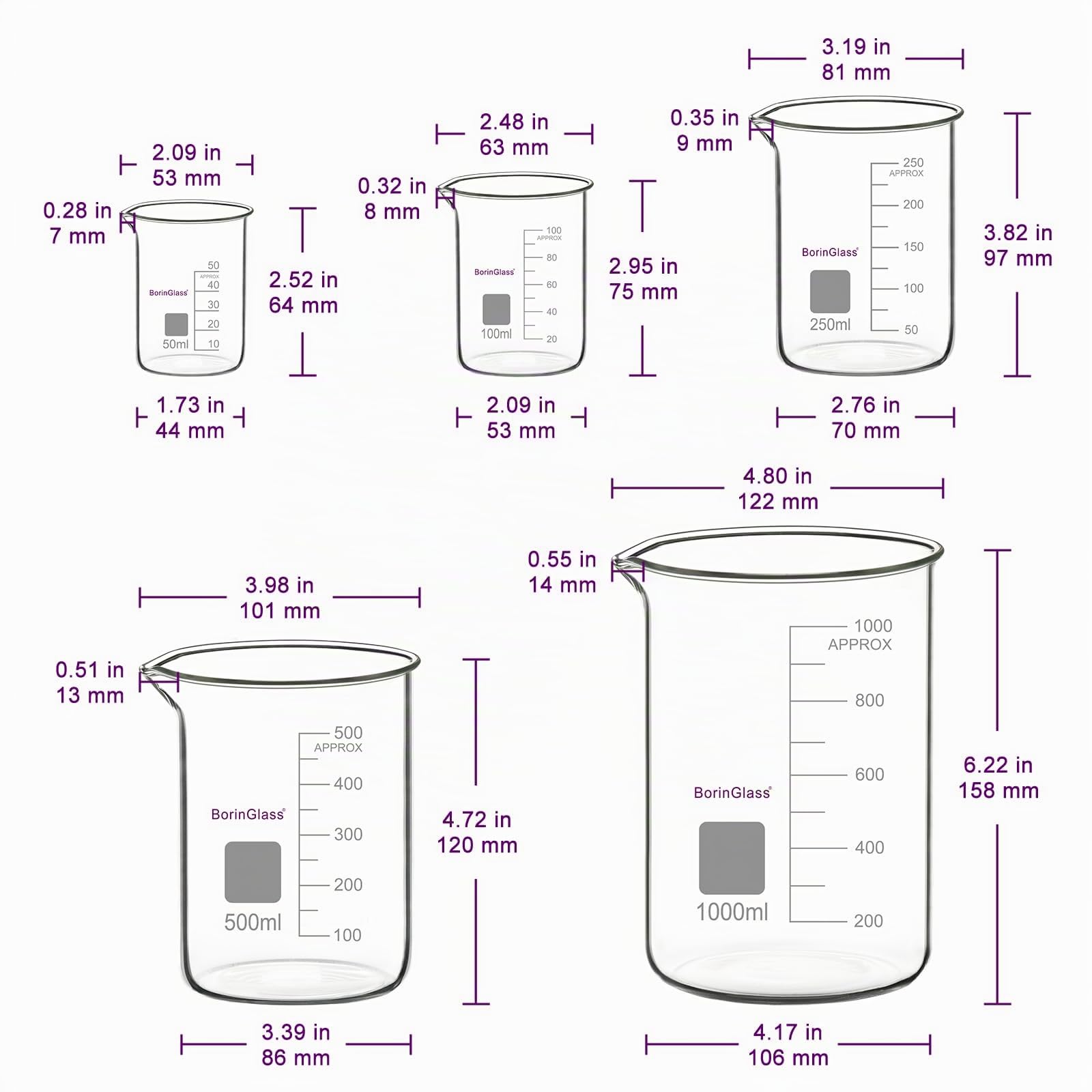 BorinGlass Set di Becker Graduati in Vetro Borosilicato ad Alta Resistenza (5 Pezzi) - 5 Misure: 50 ml / 100 ml / 250 ml / 500 ml / 1000 ml (1 L)