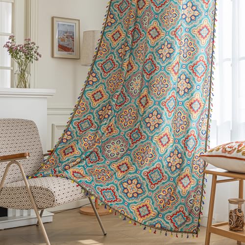 Image of Turquoise Blue Boho Curtains 72 Inches Long, Colorful Medallion Farmhouse Light Filtering Rod Pocket Drapes with Tassel Trim for Bedroom Living Room, 2 Panels